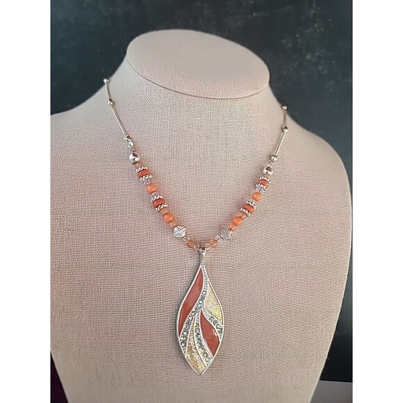 Salmon Enamel Rhinestone Beaded Leaf Pendant Adjustable Necklace - Picture 2 of 10